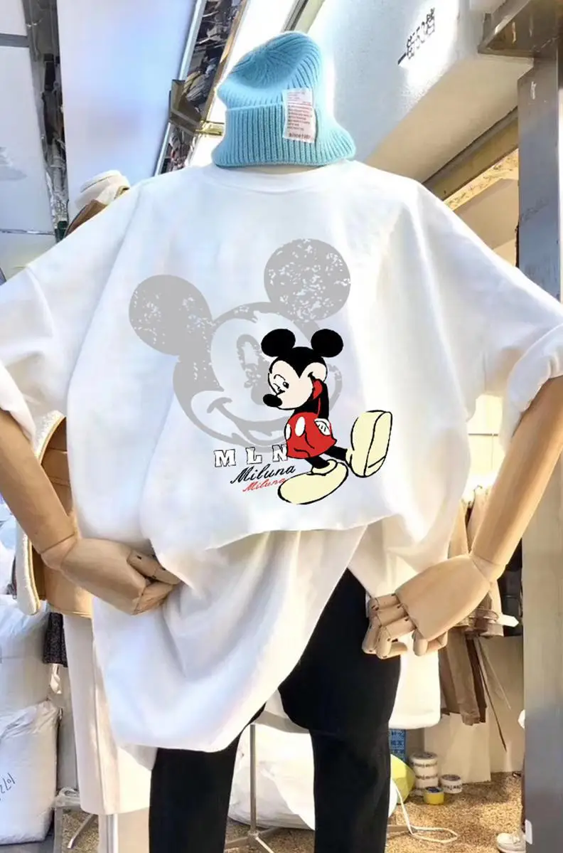 Women White Mickey Mouse Printed T-Shirt Short Sleeve - Image 4