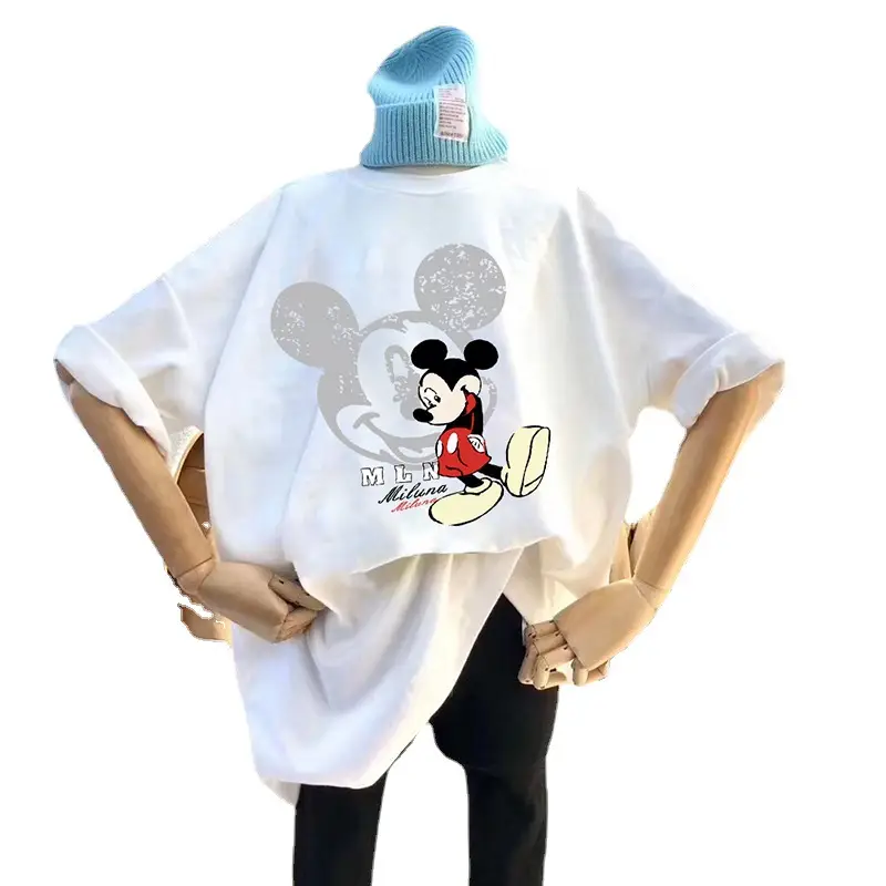 Women White Mickey Mouse Printed T-Shirt Short Sleeve - Image 5