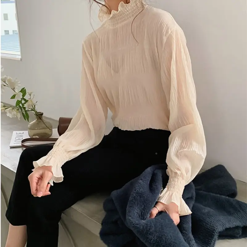 Women Ruffled Chiffon Turtleneck Top White Grey Vest - Image 5