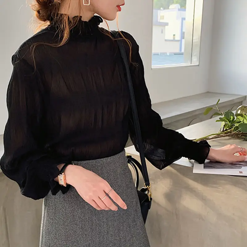 Women Ruffled Chiffon Turtleneck Top White Grey Vest - Image 6