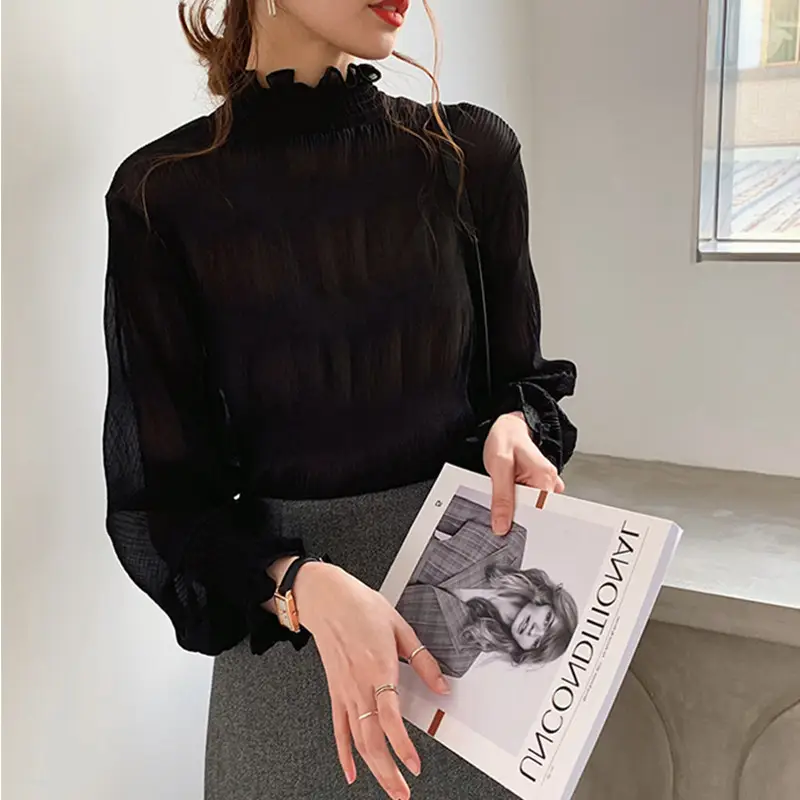Women Ruffled Chiffon Turtleneck Top White Grey Vest - Image 7