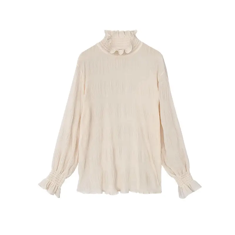 Women Ruffled Chiffon Turtleneck Top White Grey Vest - Image 8
