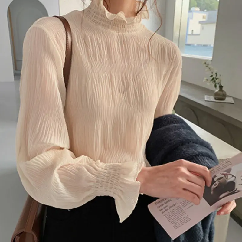 Women Ruffled Chiffon Turtleneck Top White Grey Vest - Image 3