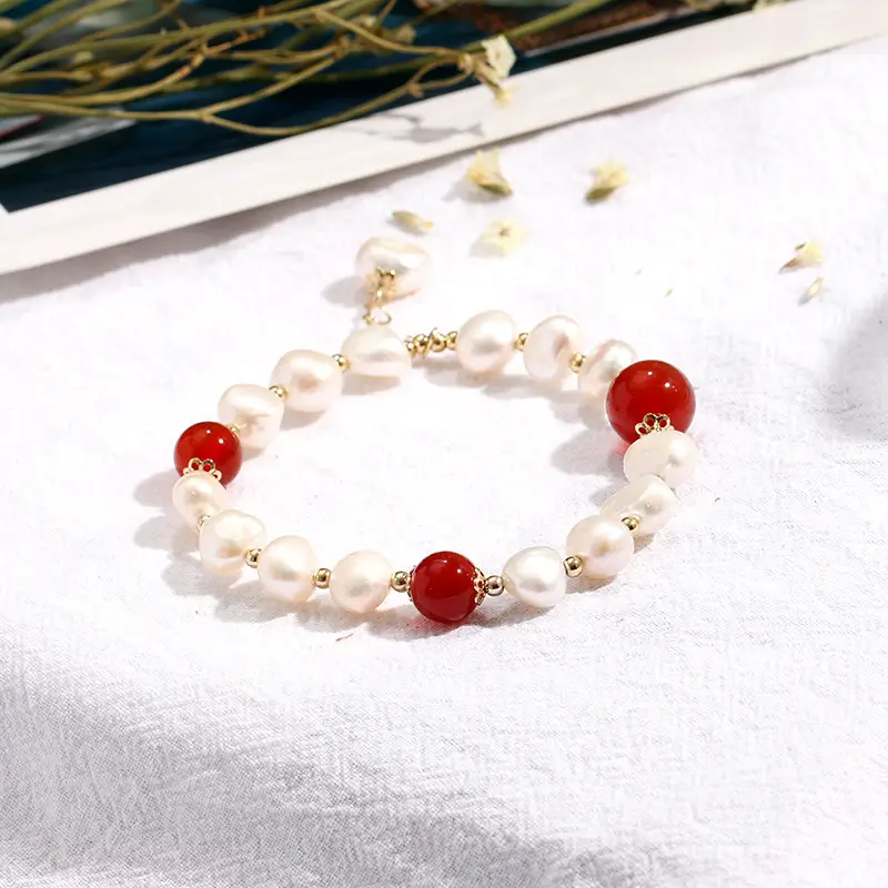 Badu Freshwater Pearl Bracelet Women Red Agate Heart Design - Image 4