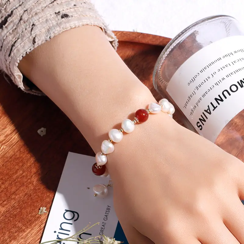 Badu Freshwater Pearl Bracelet Women Red Agate Heart Design - Image 5