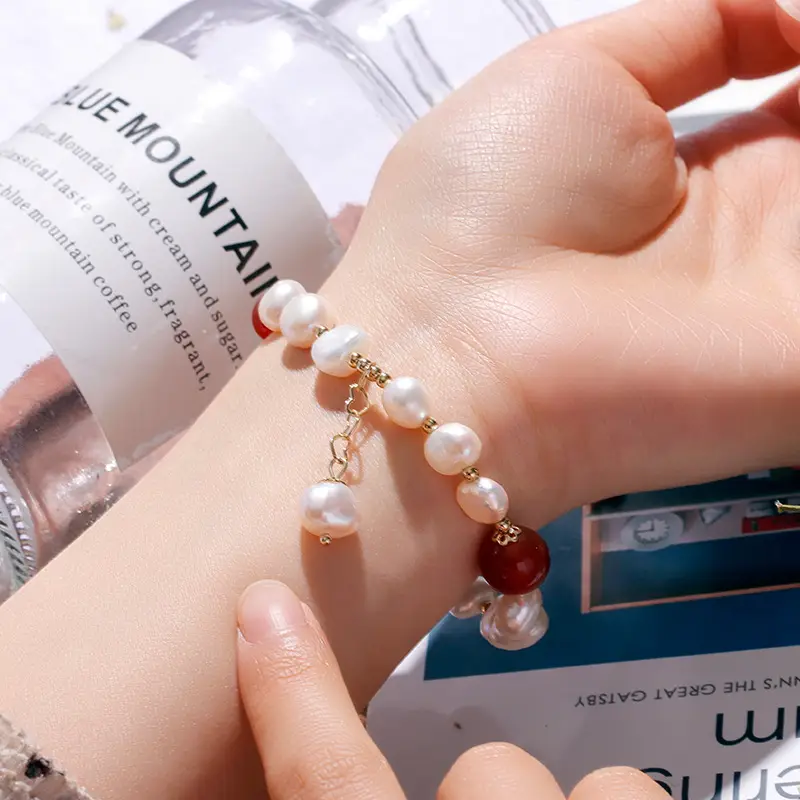 Badu Freshwater Pearl Bracelet Women Red Agate Heart Design - Image 6