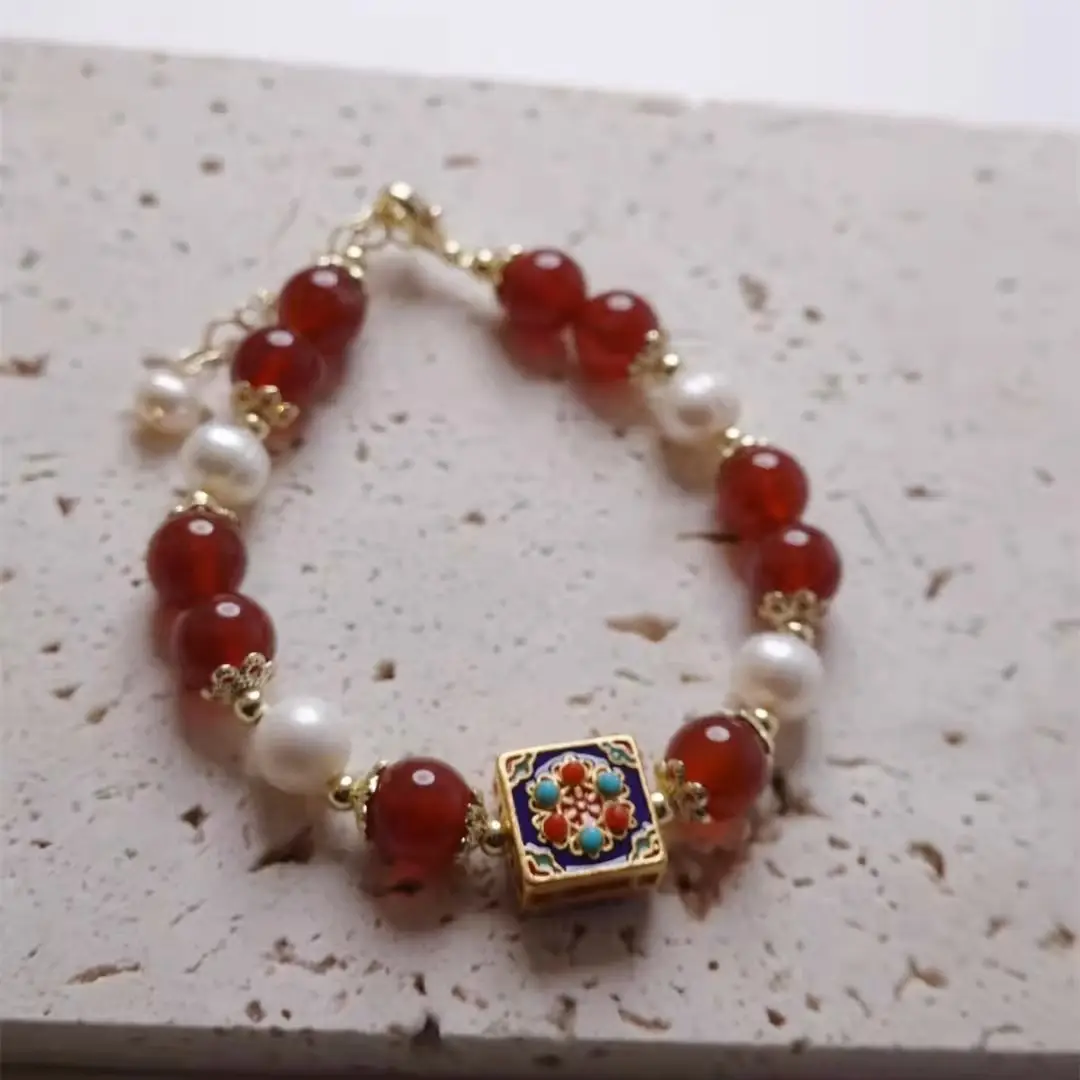 Badu Freshwater Pearl Bracelet Women Red Agate Heart Design - Image 2