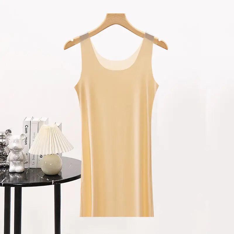Summer Ice Silk Seamless Vest Dress Women's Mid-length Ultra-thin Large Size Fat Girl Loose Sling Nightgown Base Inner Petticoat
