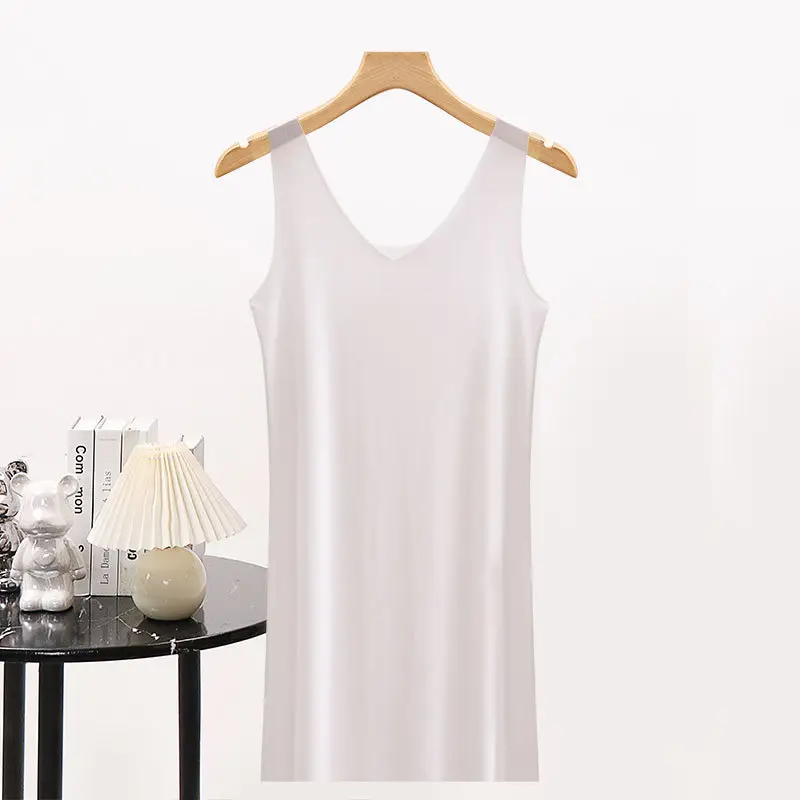 Summer Ice Silk Seamless Vest Dress Women's Mid-length Ultra-thin Large Size Fat Girl Loose Sling Nightgown Base Inner Petticoat