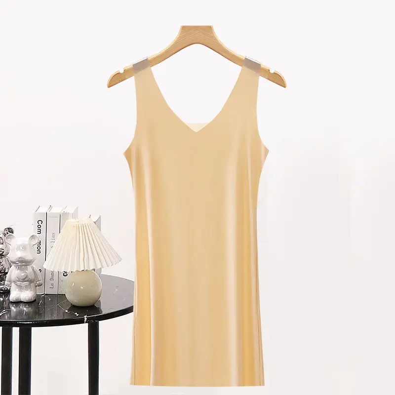 Summer Ice Silk Seamless Vest Dress Women's Mid-length Ultra-thin Large Size Fat Girl Loose Sling Nightgown Base Inner Petticoat