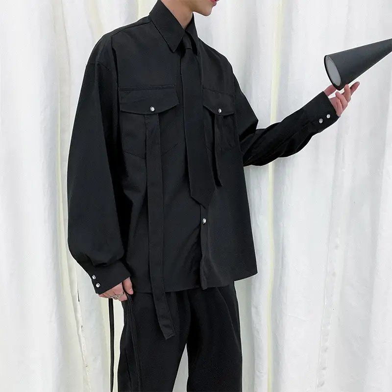 Men's 2020 Long Sleeve Shirt Black Cotton Street Style