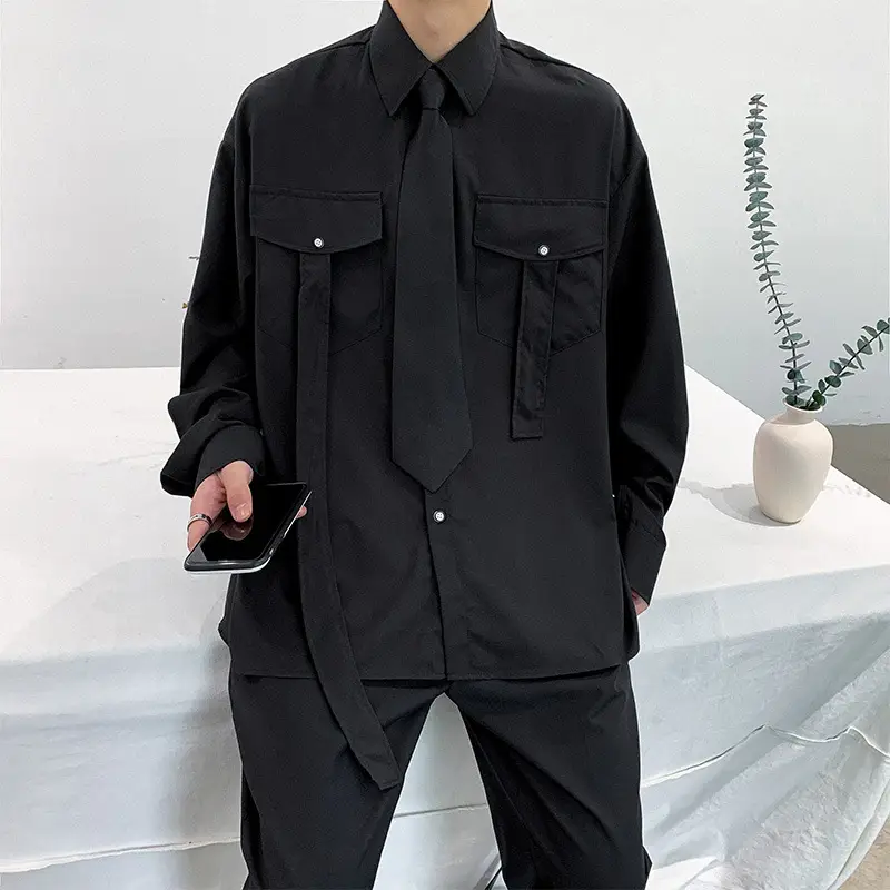 Men's 2020 Long Sleeve Shirt Black Cotton Street Style