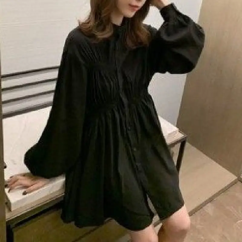 Black Long Sleeve Loose Fit Mid-Length Dress for Women - Image 5