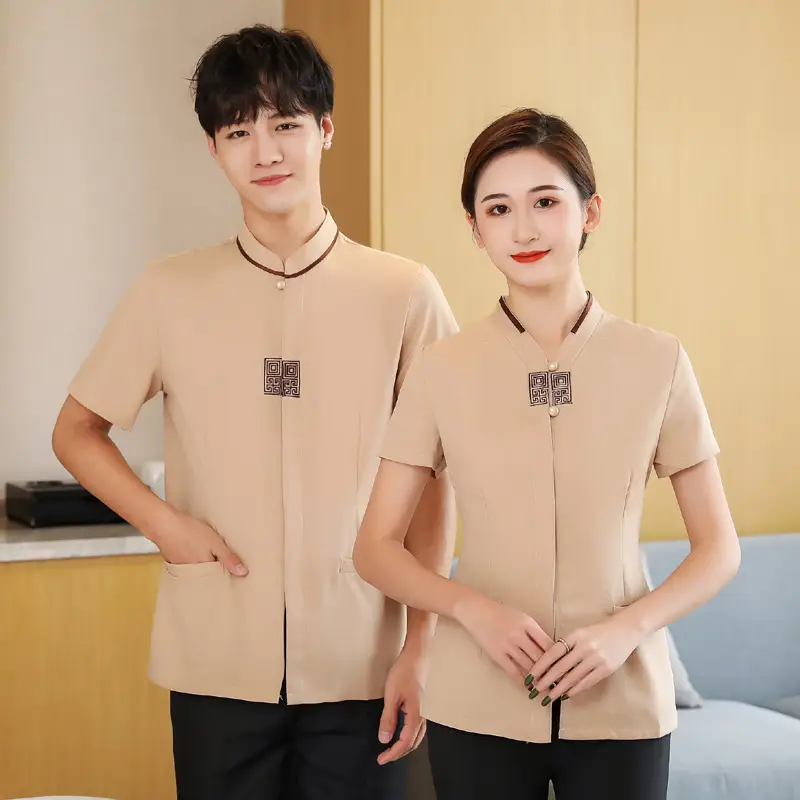 Women's Short Sleeve Hospital Cleaning Suit Beige Spring Fall - Image 2