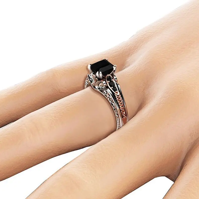 European American Women's Black Square Zircon Ring with 8 Claws