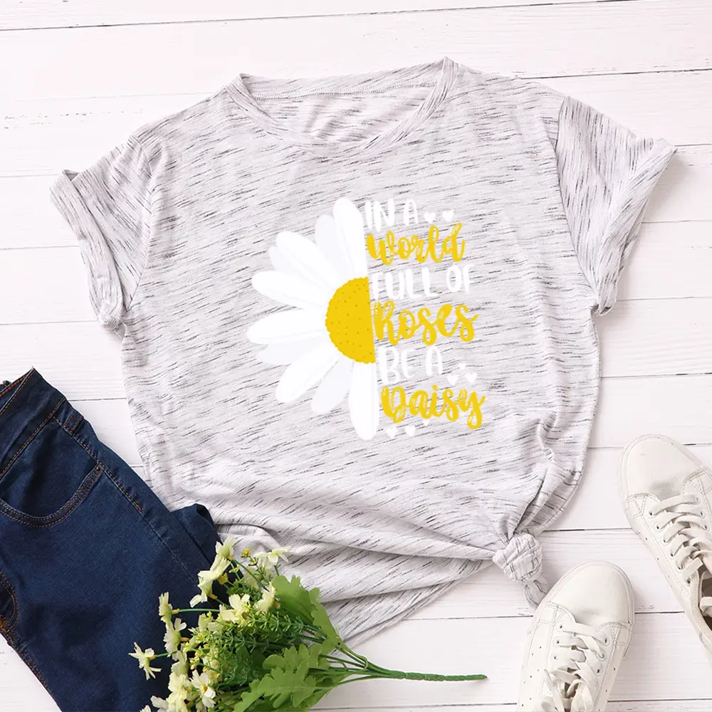 Women's Blue Daisy Print T-Shirt Short Sleeve Loose Fit - Image 14