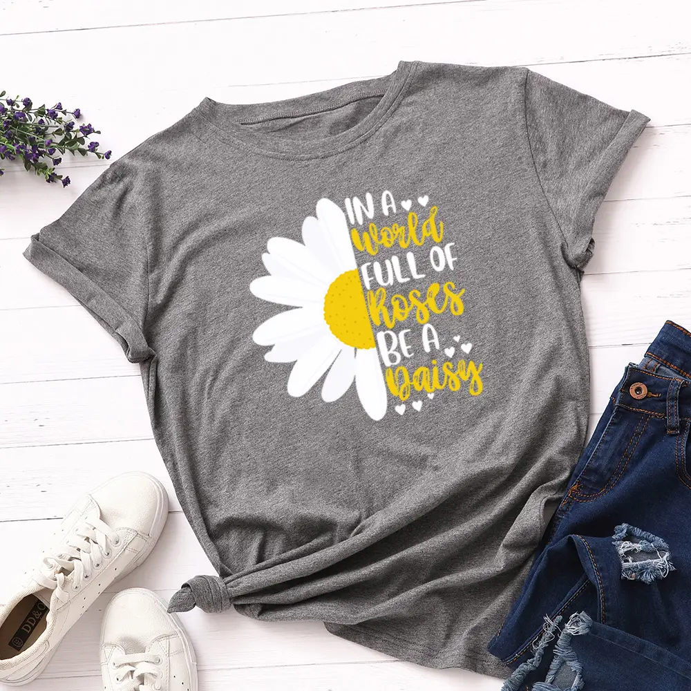 Women's Blue Daisy Print T-Shirt Short Sleeve Loose Fit - Image 6