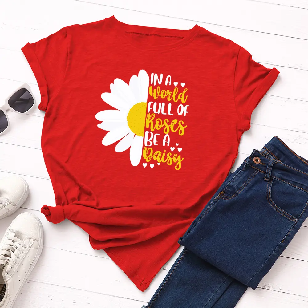 Women's Blue Daisy Print T-Shirt Short Sleeve Loose Fit - Image 11