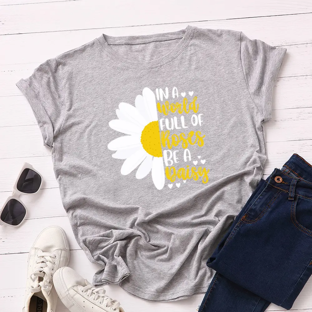 Women's Blue Daisy Print T-Shirt Short Sleeve Loose Fit - Image 12