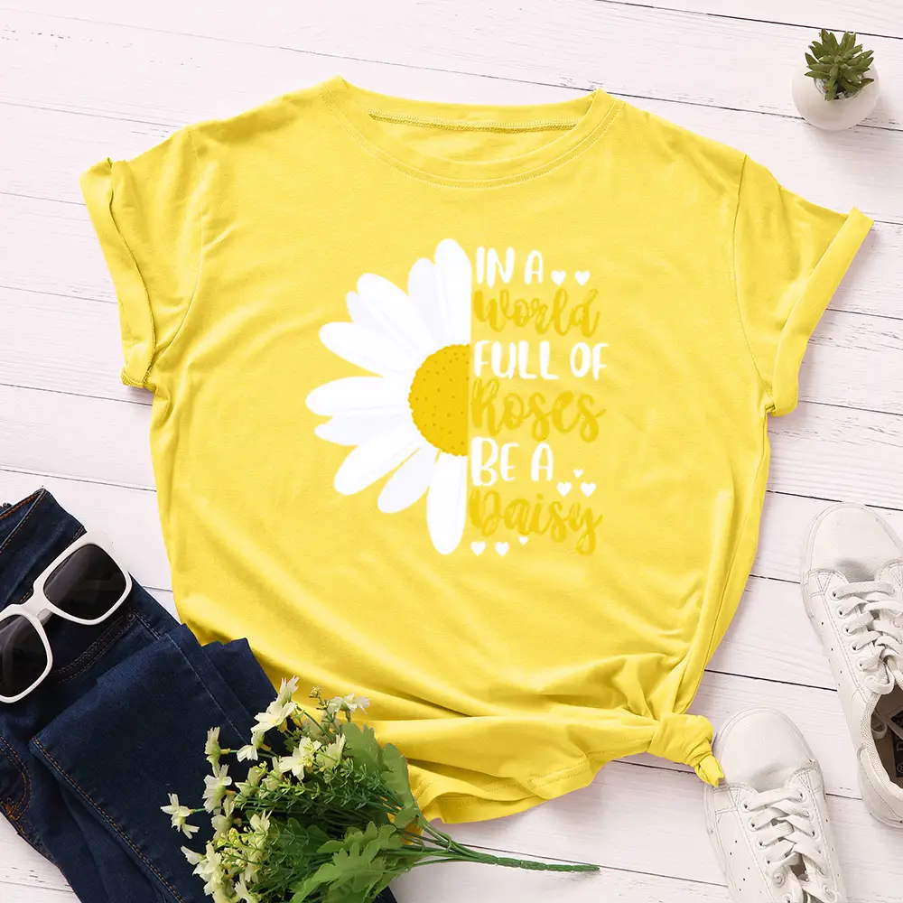 Women's Blue Daisy Print T-Shirt Short Sleeve Loose Fit - Image 2