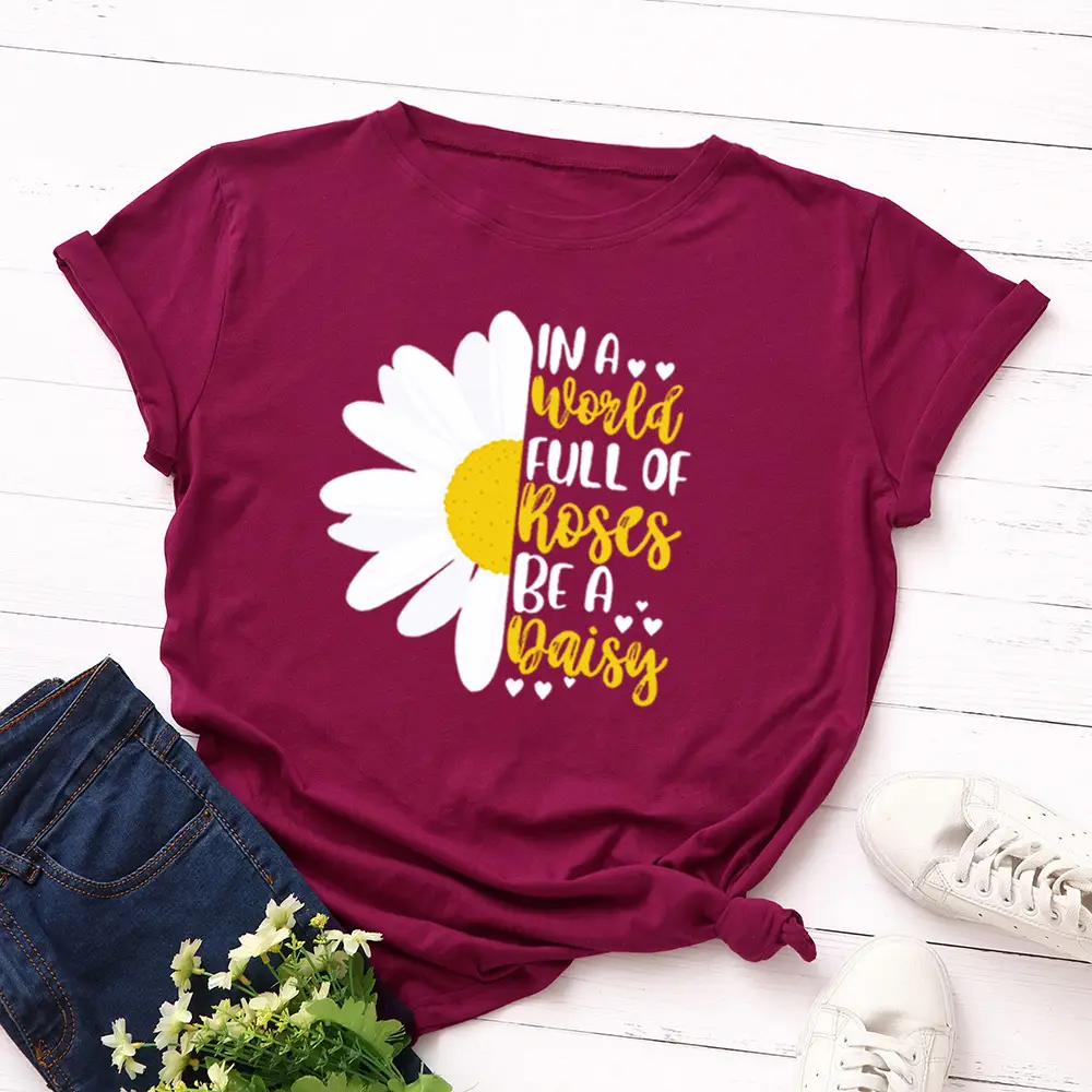 Women's Blue Daisy Print T-Shirt Short Sleeve Loose Fit - Image 5