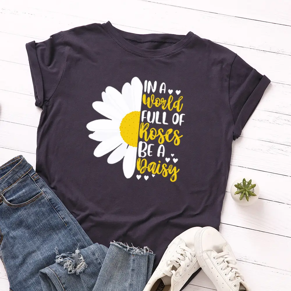 Women's Blue Daisy Print T-Shirt Short Sleeve Loose Fit - Image 9