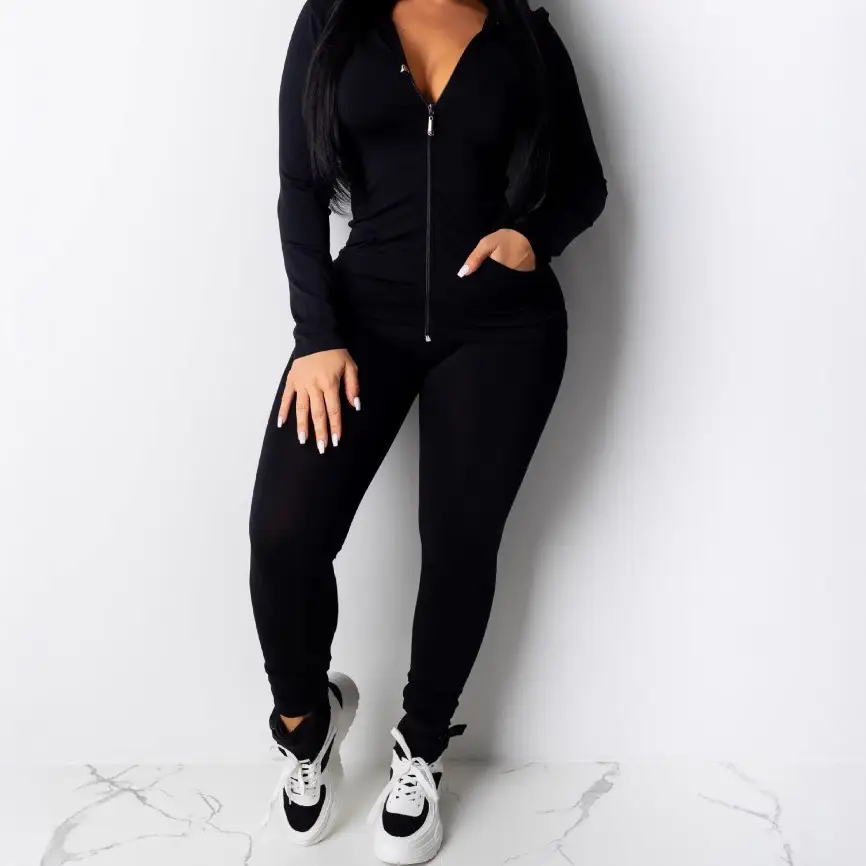 Black Hooded Two-Piece Casual Set for Women