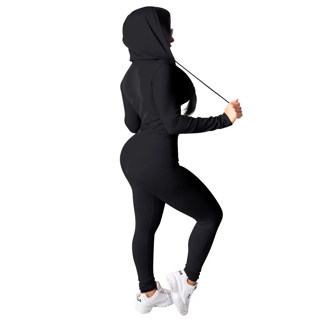 Black Hooded Two-Piece Casual Set for Women — feature 10