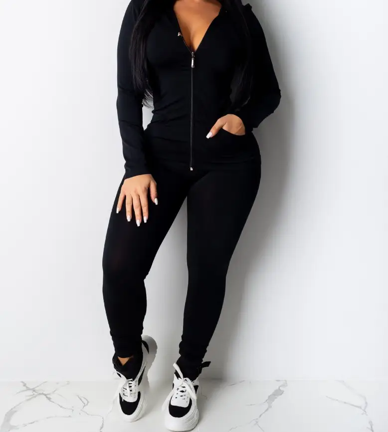 Black Hooded Two-Piece Casual Set for Women — feature 5