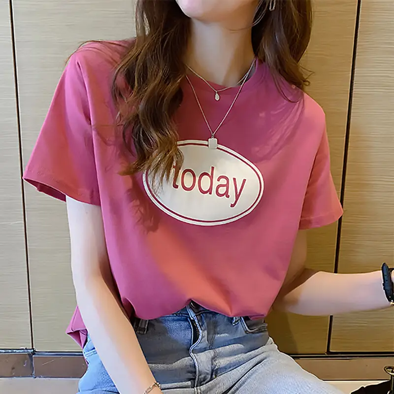 Women Pink T-Shirt with "Moday" Print 2025 Korean Style