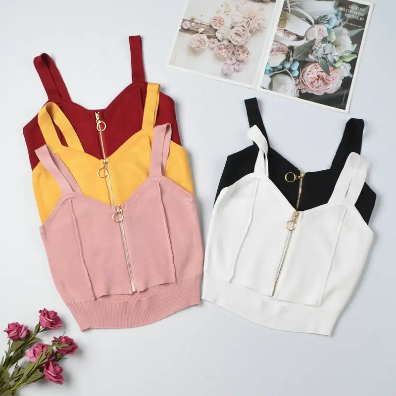 Red Knitted Summer Top with Zip Front — feature 5