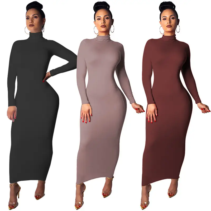 Women's 2025 Long Sleeve High Collar Dress Yellow