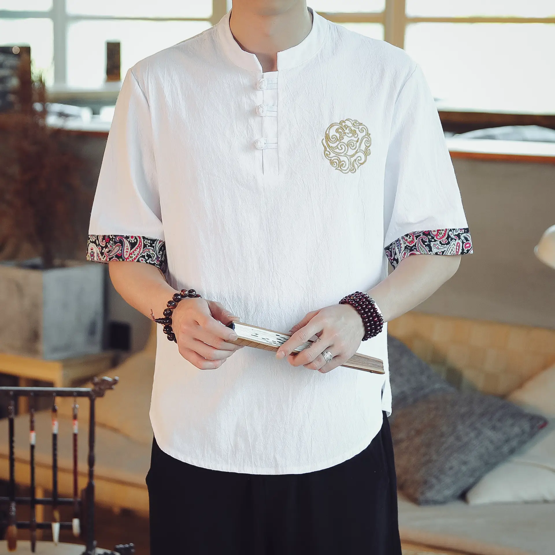 Men Linen V-Neck T-Shirt Loose Half Sleeve Chinese Style
