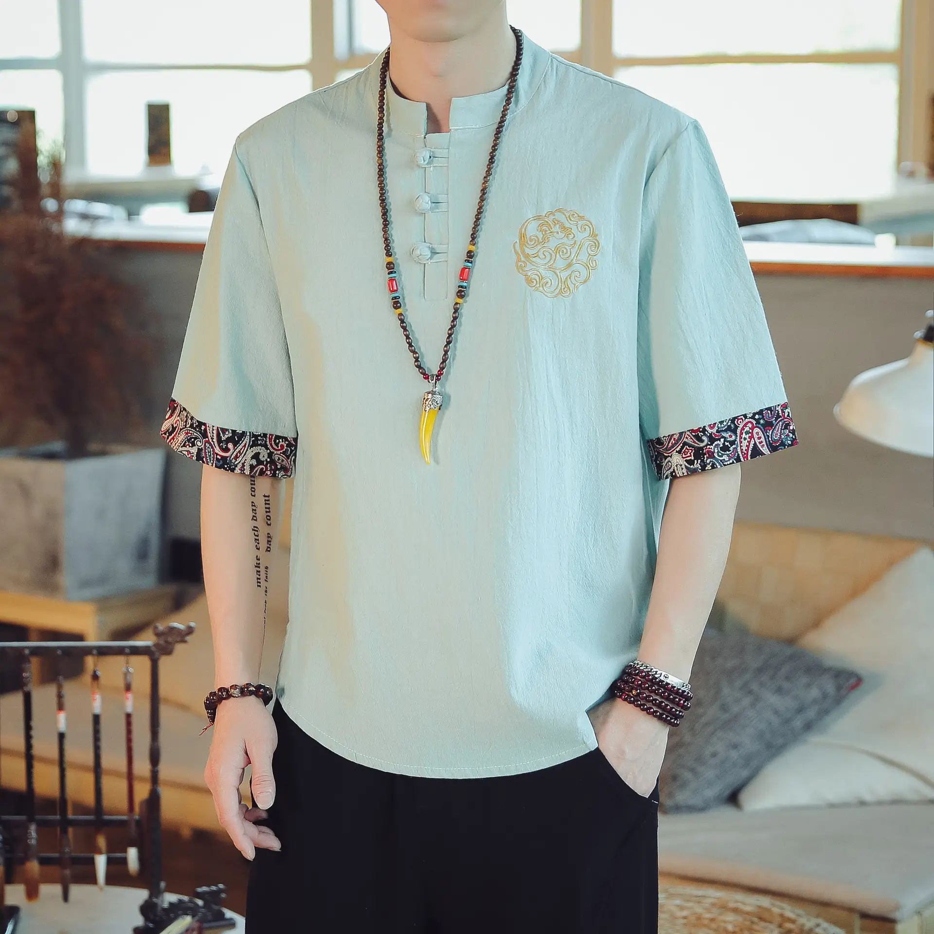 Men Linen V-Neck T-Shirt Loose Half Sleeve Chinese Style