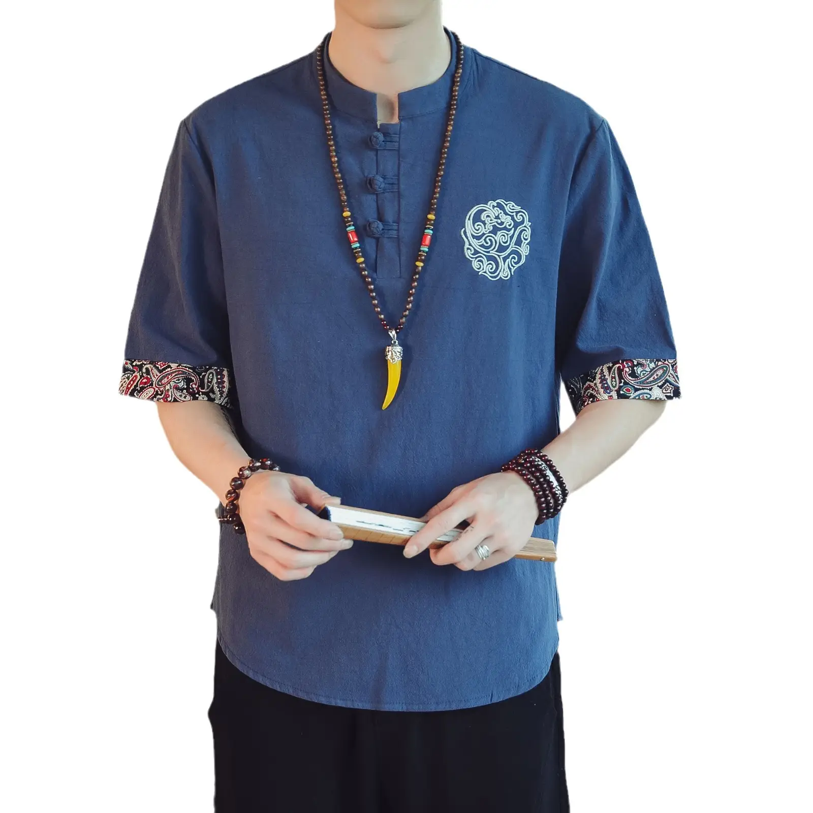 Men Linen V-Neck T-Shirt Loose Half Sleeve Chinese Style
