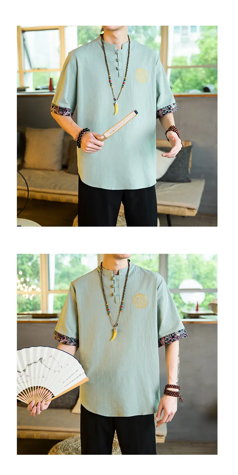 Men Linen V-Neck T-Shirt Loose Half Sleeve Chinese Style — feature 10