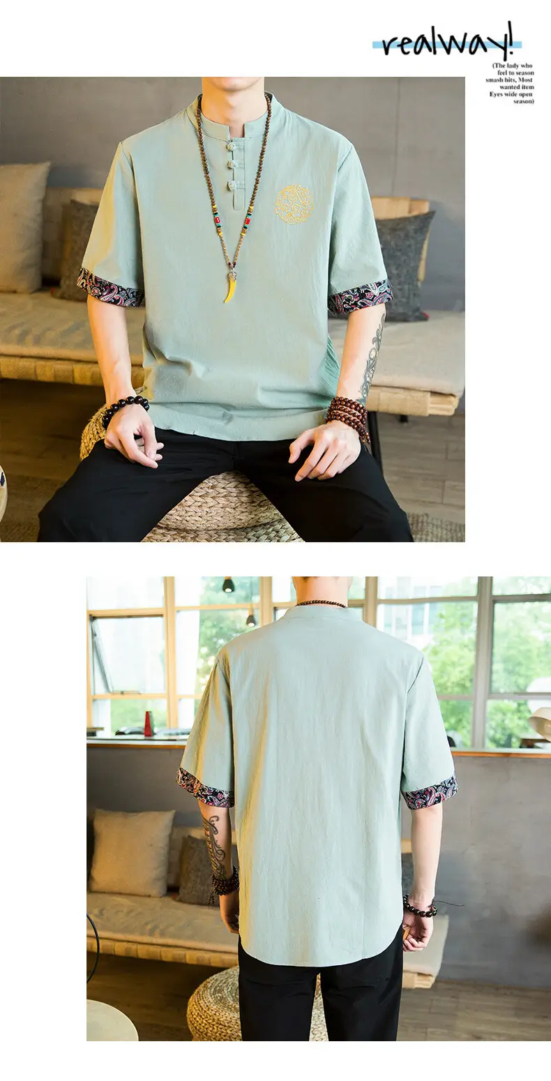 Men Linen V-Neck T-Shirt Loose Half Sleeve Chinese Style — feature 11