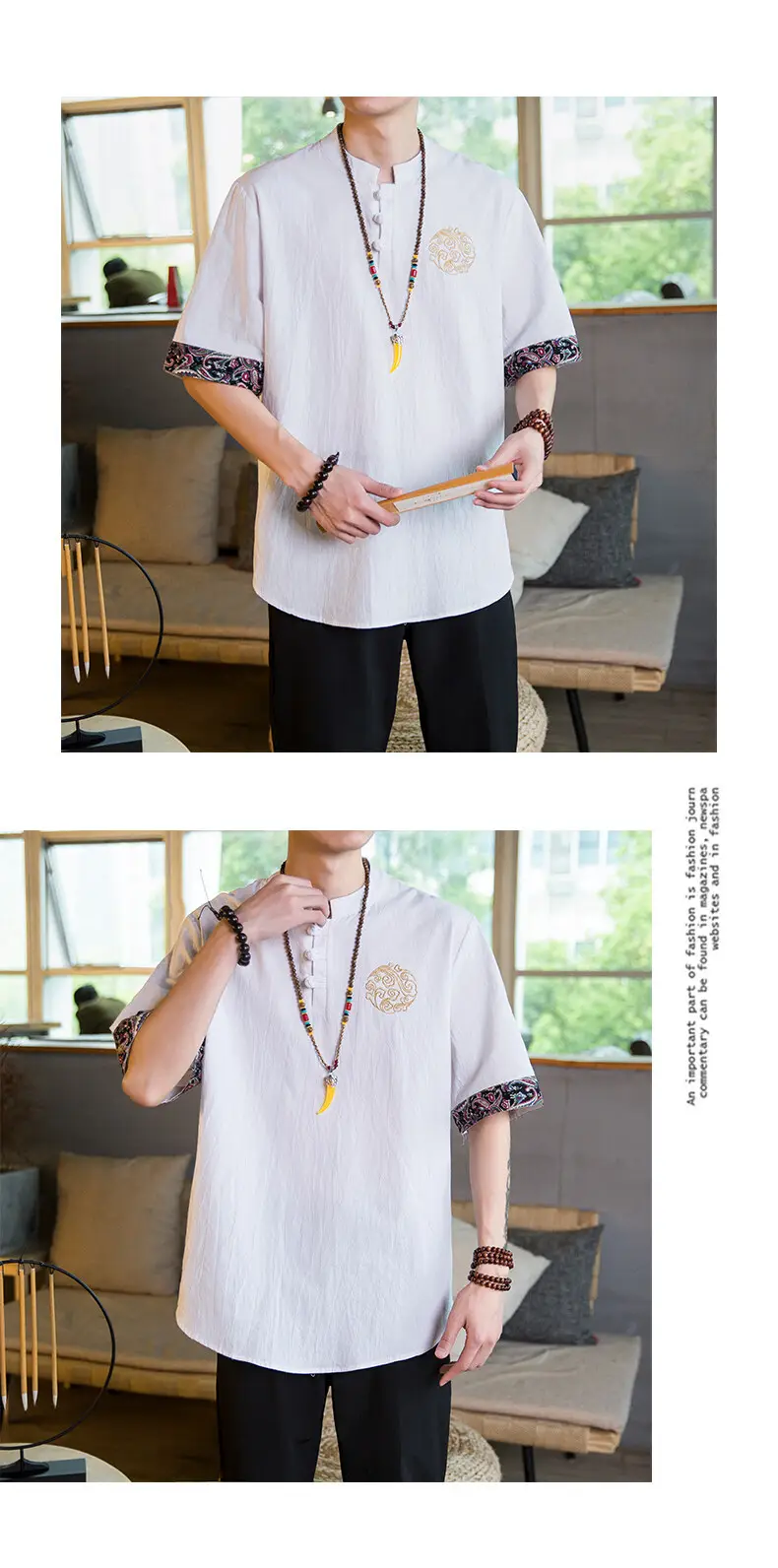 Men Linen V-Neck T-Shirt Loose Half Sleeve Chinese Style — feature 13