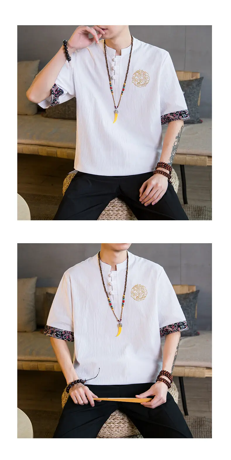 Men Linen V-Neck T-Shirt Loose Half Sleeve Chinese Style — feature 14