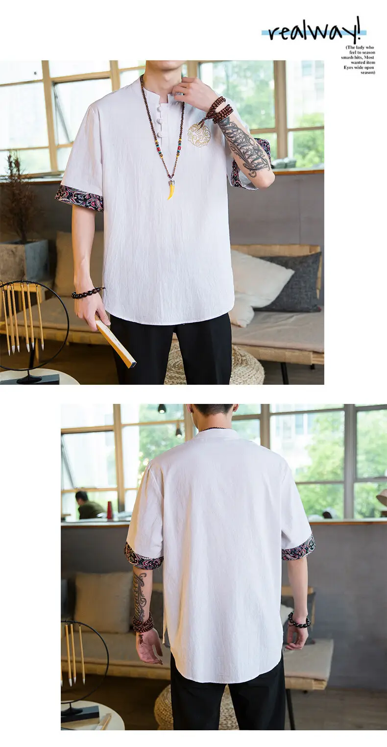 Men Linen V-Neck T-Shirt Loose Half Sleeve Chinese Style — feature 15