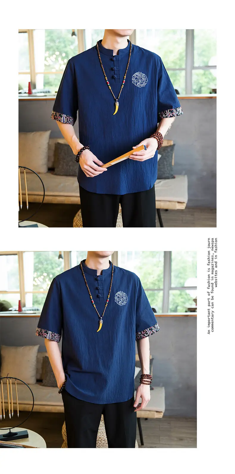 Men Linen V-Neck T-Shirt Loose Half Sleeve Chinese Style — feature 17