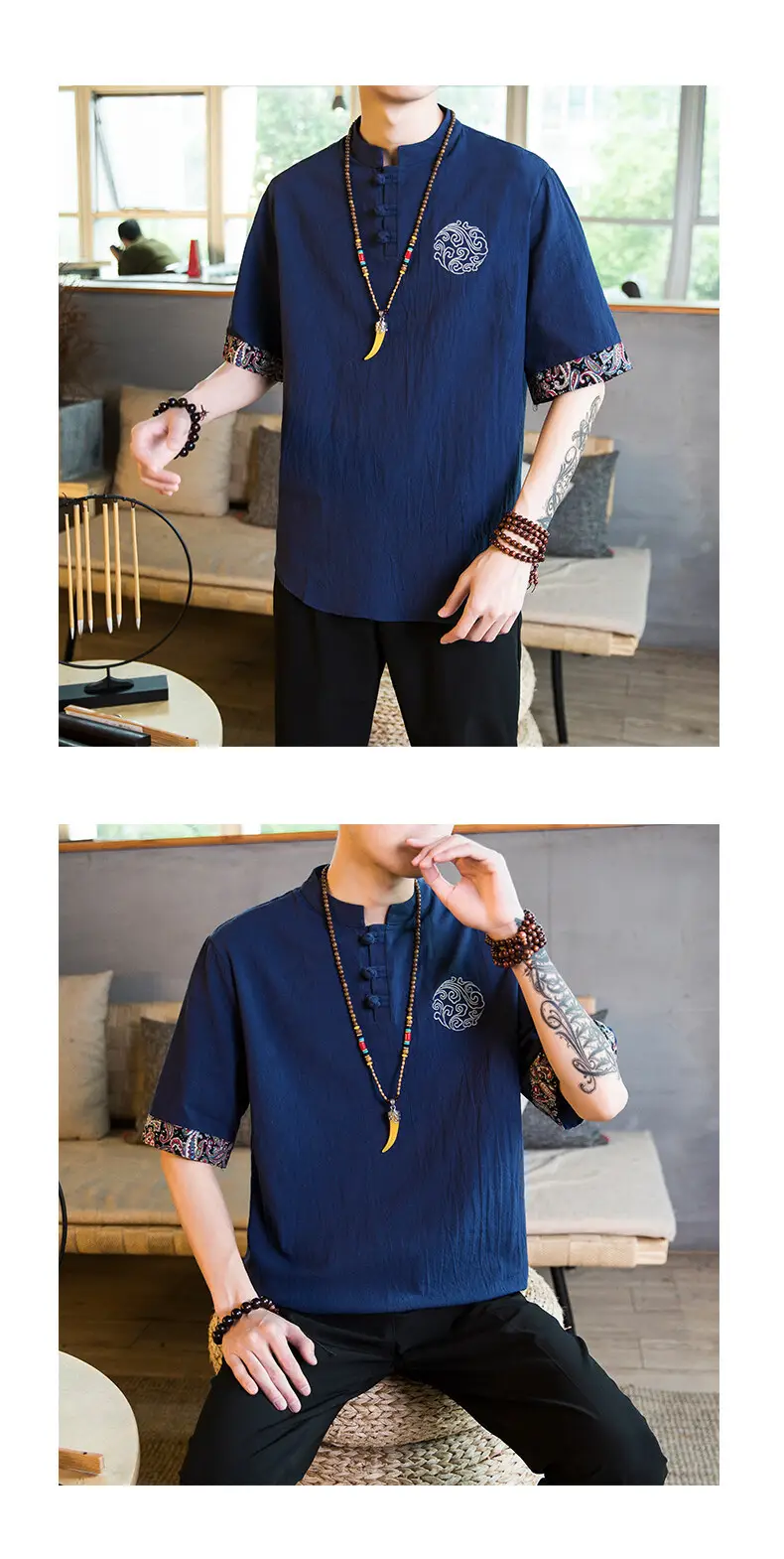 Men Linen V-Neck T-Shirt Loose Half Sleeve Chinese Style — feature 18