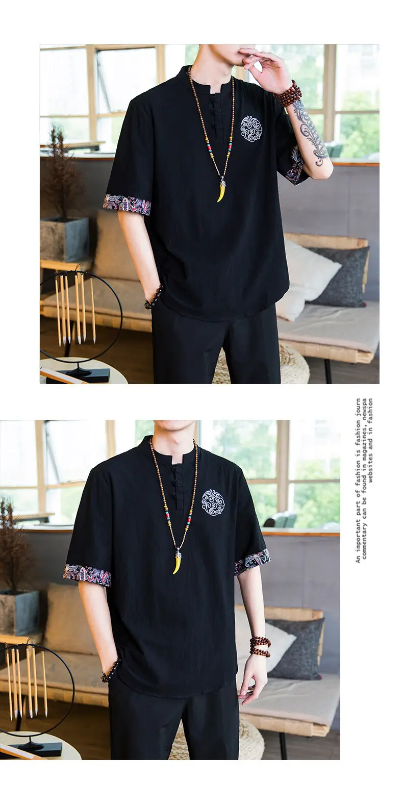 Men Linen V-Neck T-Shirt Loose Half Sleeve Chinese Style — feature 4
