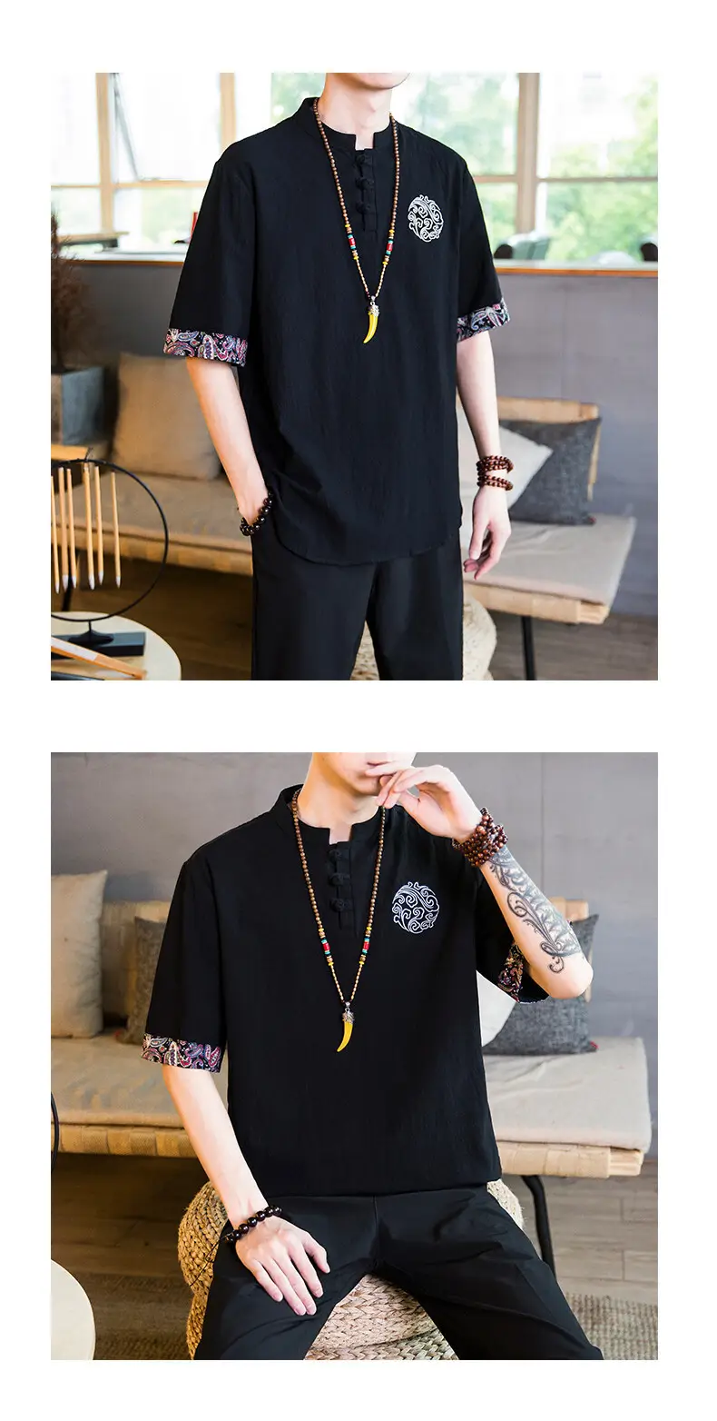 Men Linen V-Neck T-Shirt Loose Half Sleeve Chinese Style — feature 5