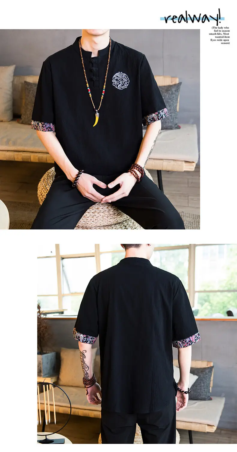 Men Linen V-Neck T-Shirt Loose Half Sleeve Chinese Style — feature 6