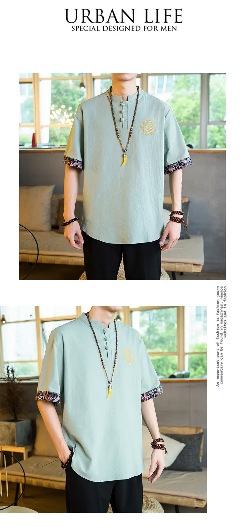 Men Linen V-Neck T-Shirt Loose Half Sleeve Chinese Style — feature 9