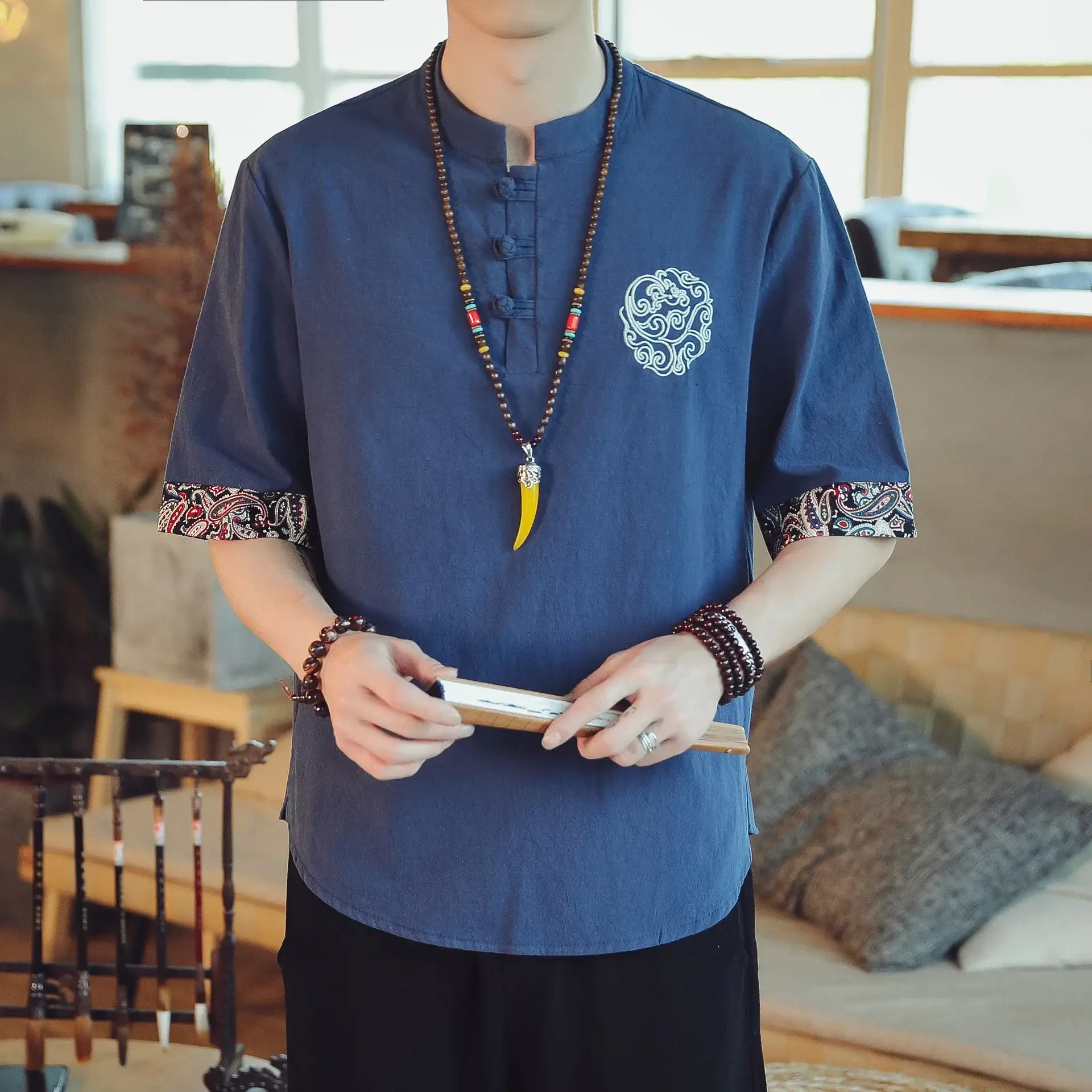 Men Linen V-Neck T-Shirt Loose Half Sleeve Chinese Style