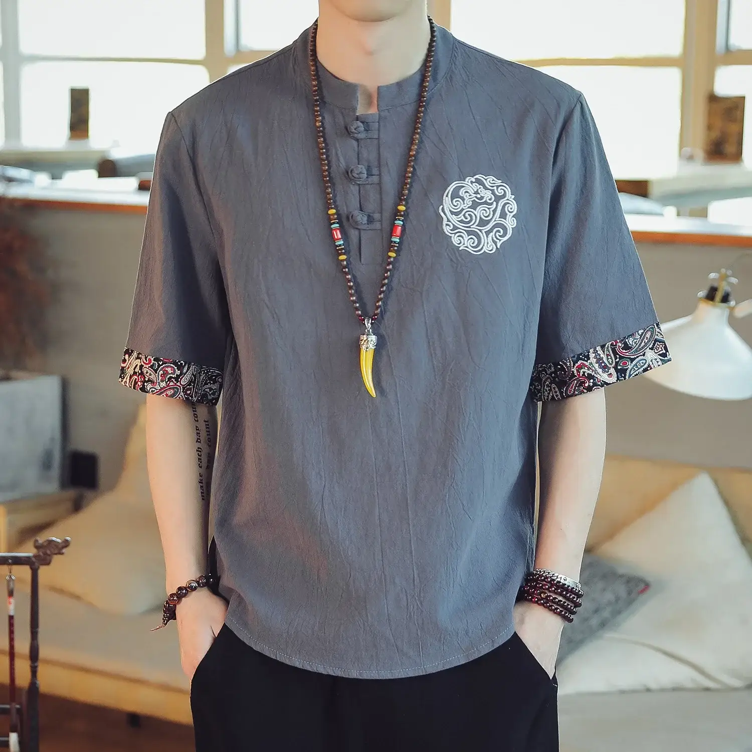 Men Linen V-Neck T-Shirt Loose Half Sleeve Chinese Style