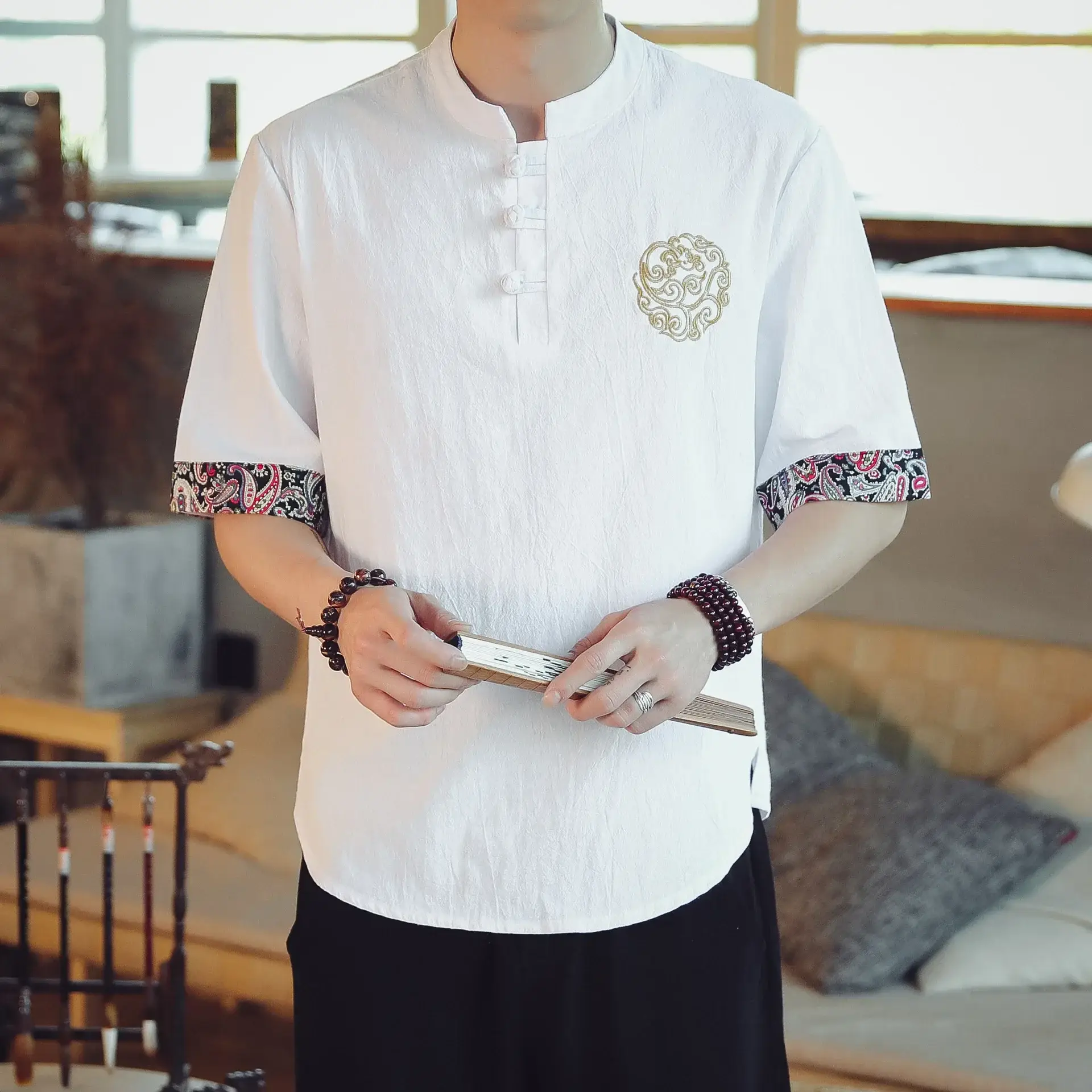 Men Linen V-Neck T-Shirt Loose Half Sleeve Chinese Style