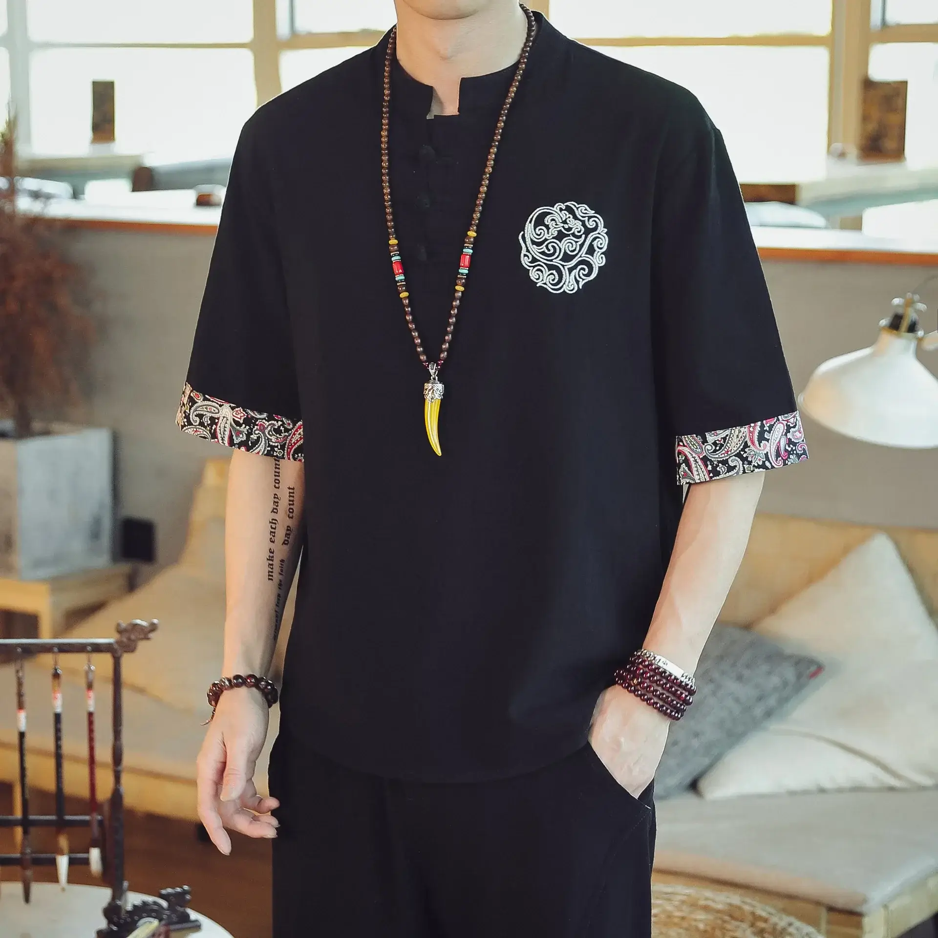 Men Linen V-Neck T-Shirt Loose Half Sleeve Chinese Style